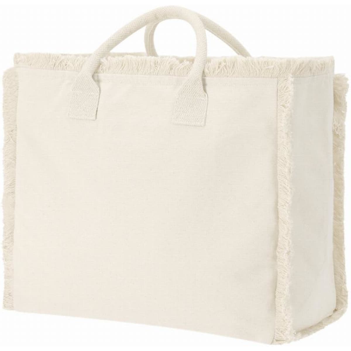 A large, cream-coloured tote bag with woven fringe detailing and sturdy handles.
