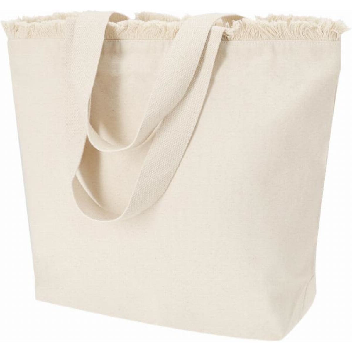 A tote bag in a light cream colour with frayed edges and sturdy handles. It features a simple, unbranded design.