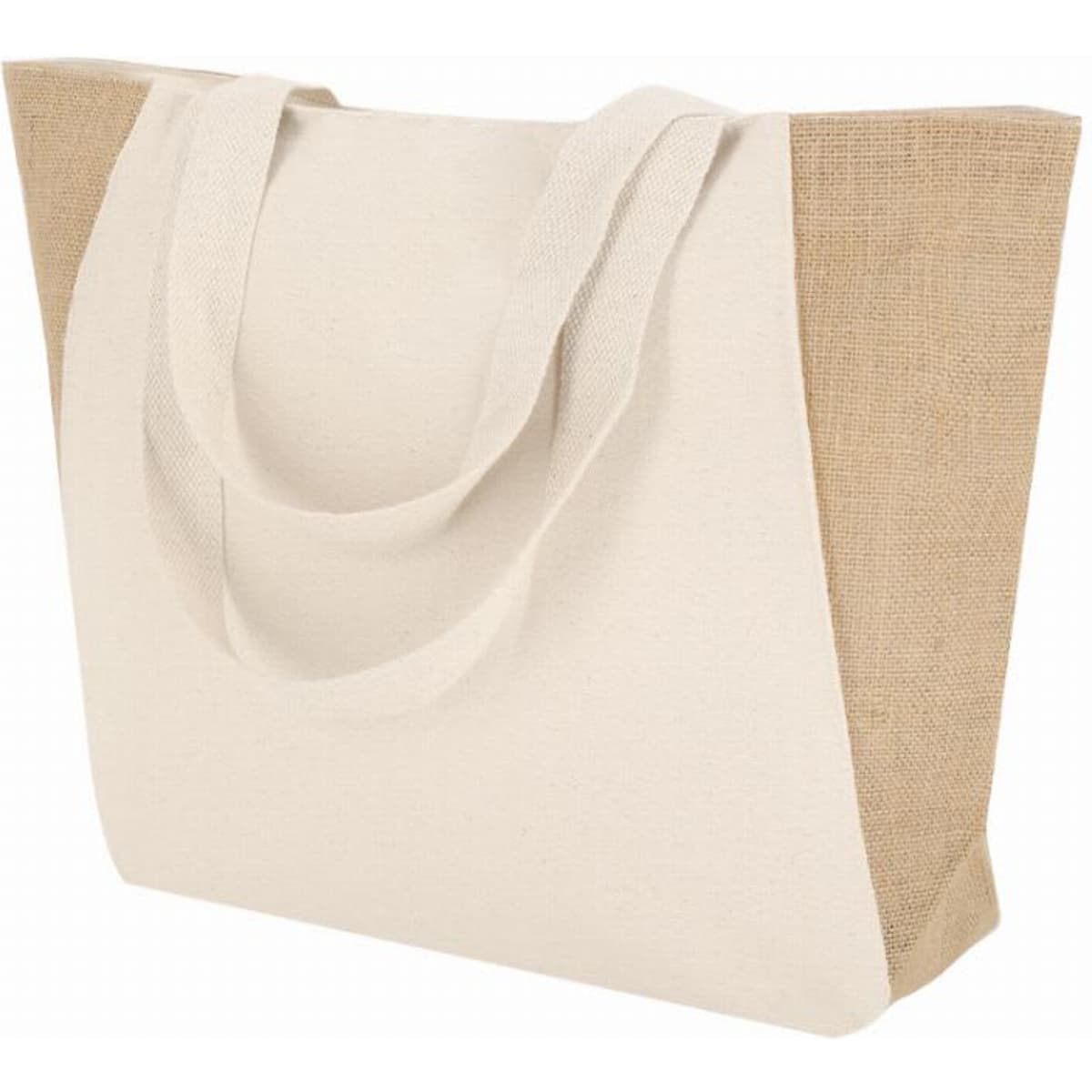 A tote bag featuring a cream canvas body with a natural jute side, equipped with sturdy handles.