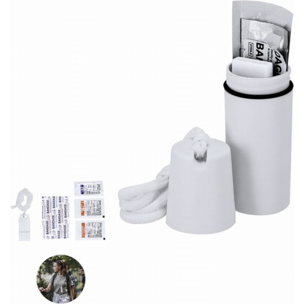 A drink bottle in white, featuring a cap and a strap, with additional items displayed beside it.