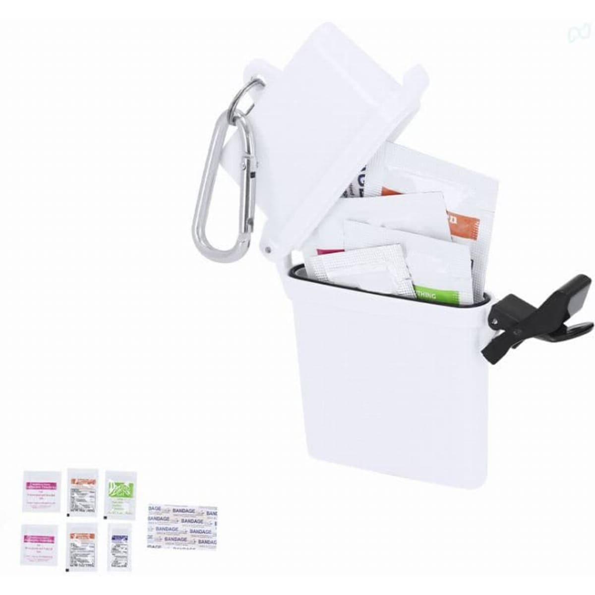 A storage container in white with a hinged lid, clip, and a carabiner, filled with assorted packets.