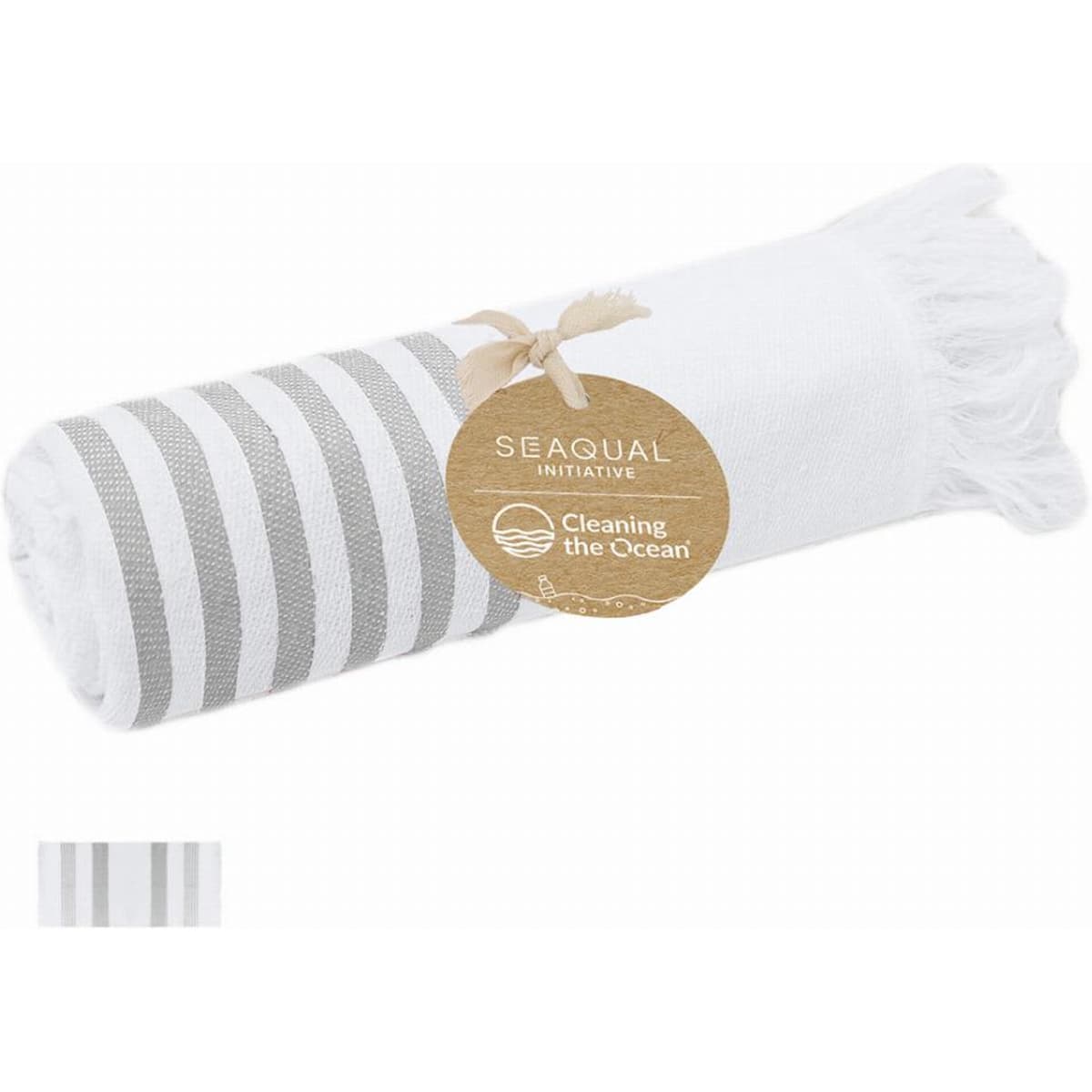 A rolled towel with grey and white stripes, featuring a tag for the SEAQUL initiative and ocean cleaning.