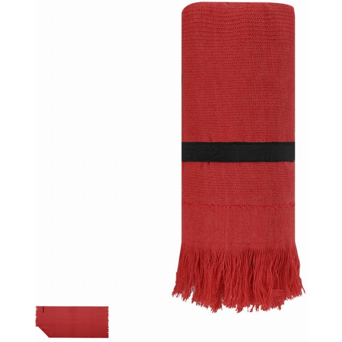 A red beach towel with a black strap and tasselled edges, neatly rolled and displayed vertically.