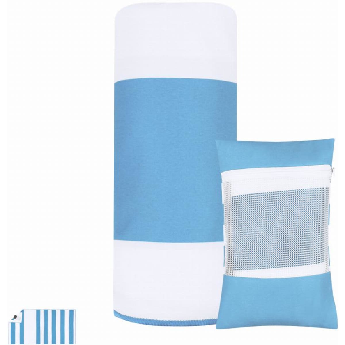 A blue and white striped beach towel and matching zippered pouch featuring a mesh pocket. Both products have a logo.