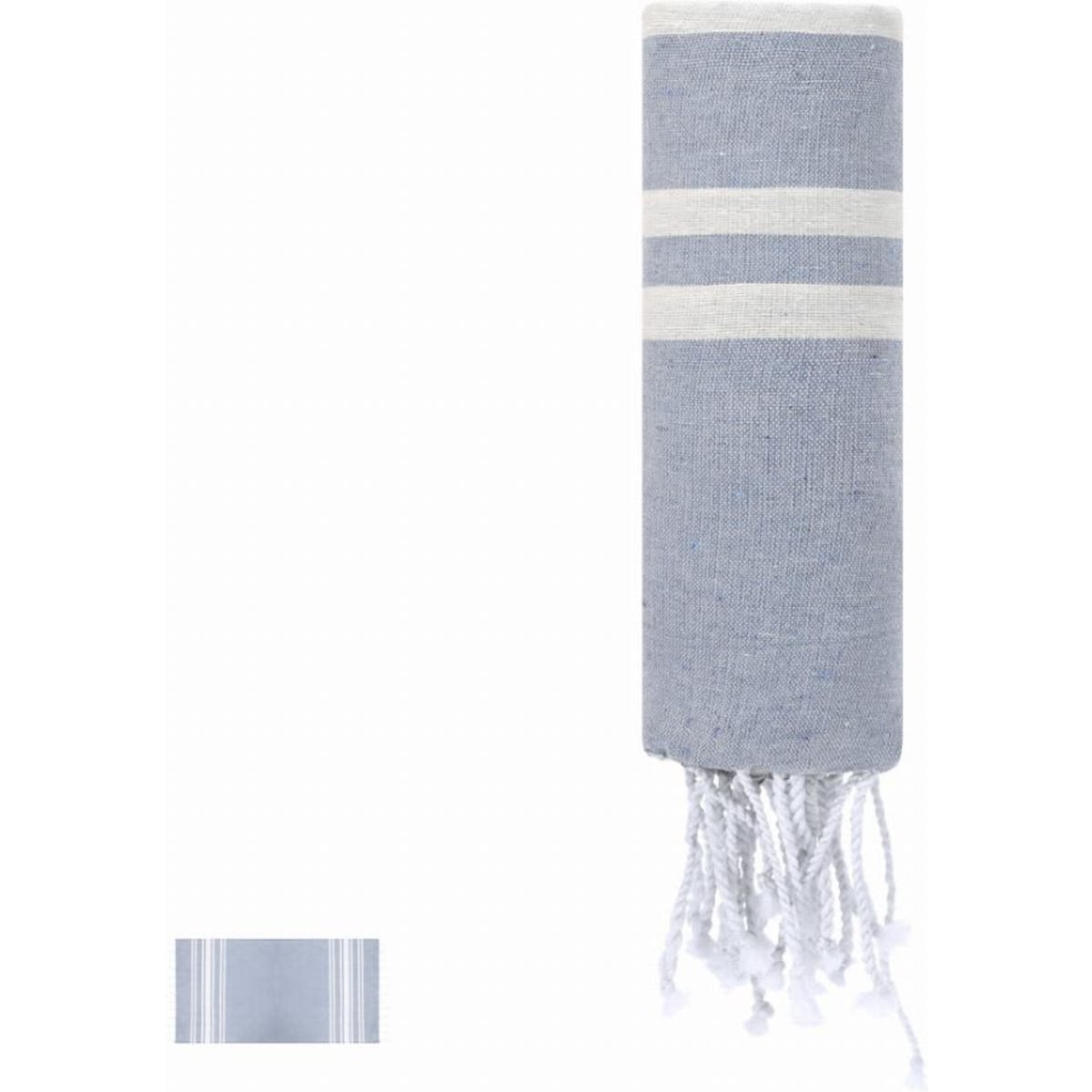A light blue towel with white stripes and fringed edges. The towel is rolled up for display.