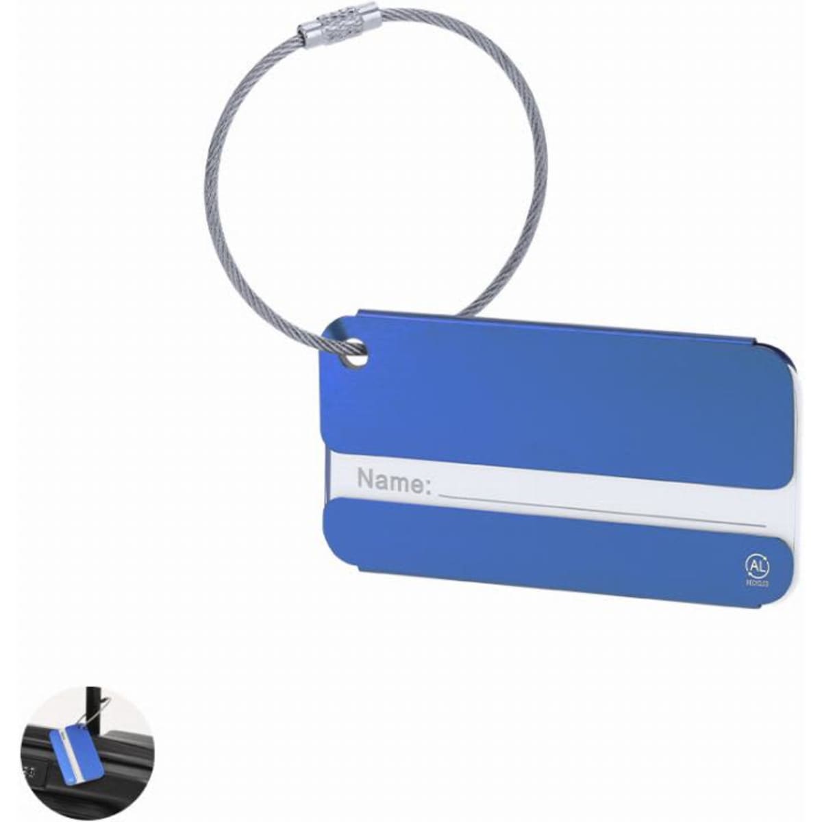 A blue luggage tag with a silver attachment loop, featuring a blank name field for personalisation.