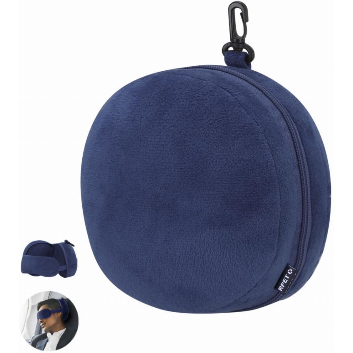 A round navy blue travel pillow case with a zip closure, featuring a clip for easy attachment.