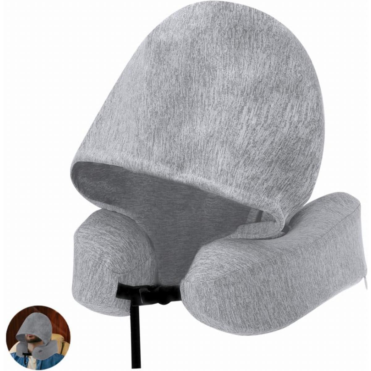 A grey travel pillow with an attached hood. It features a comfortable design for neck support and has a logo.