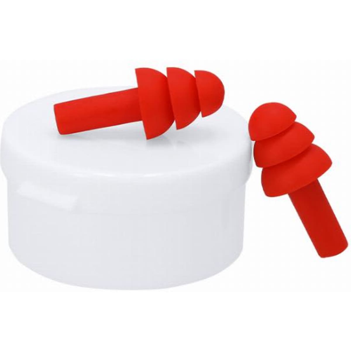 A pair of red earplugs beside a white container. The earplugs have a spiral design.
