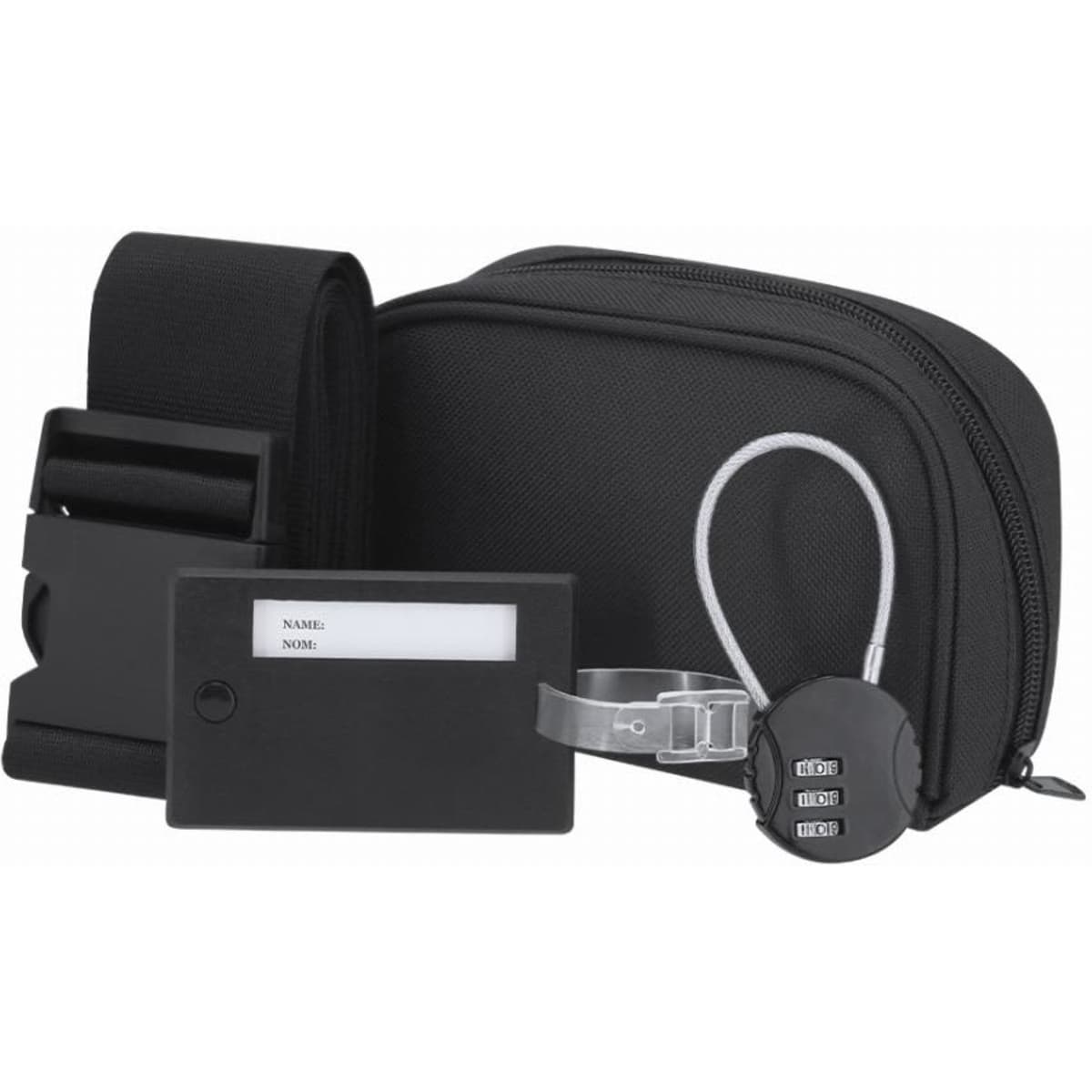 A set of black travel accessories including a pouch, belt, tag, and combination lock. Features a logo.