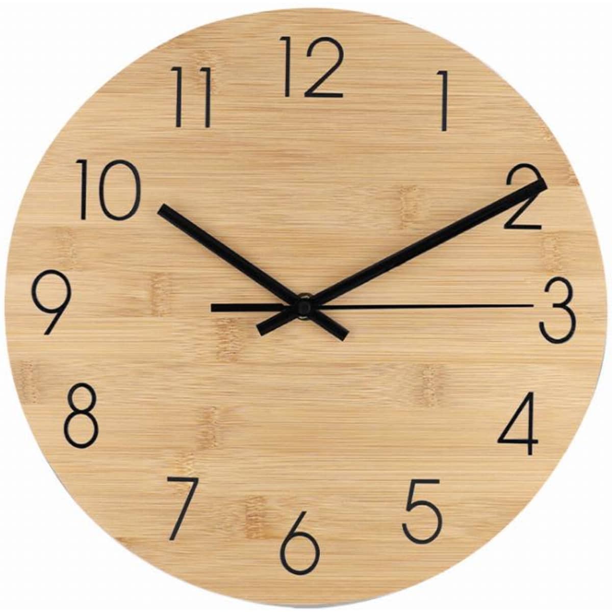 A wall clock with a round bamboo design, featuring black hour markers and hands against a light wooden background.