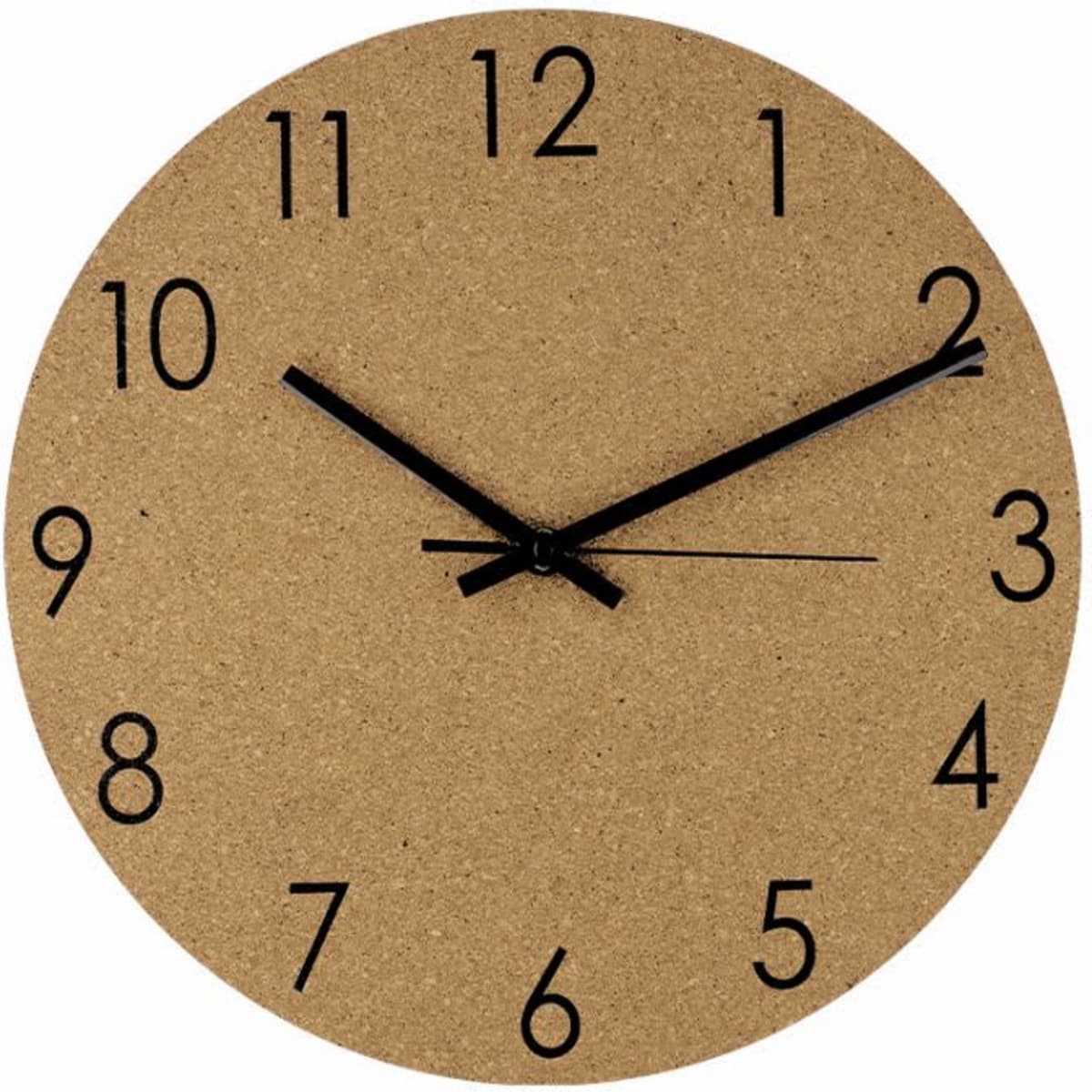 A wall clock with a round cork face and black numbers and hands.