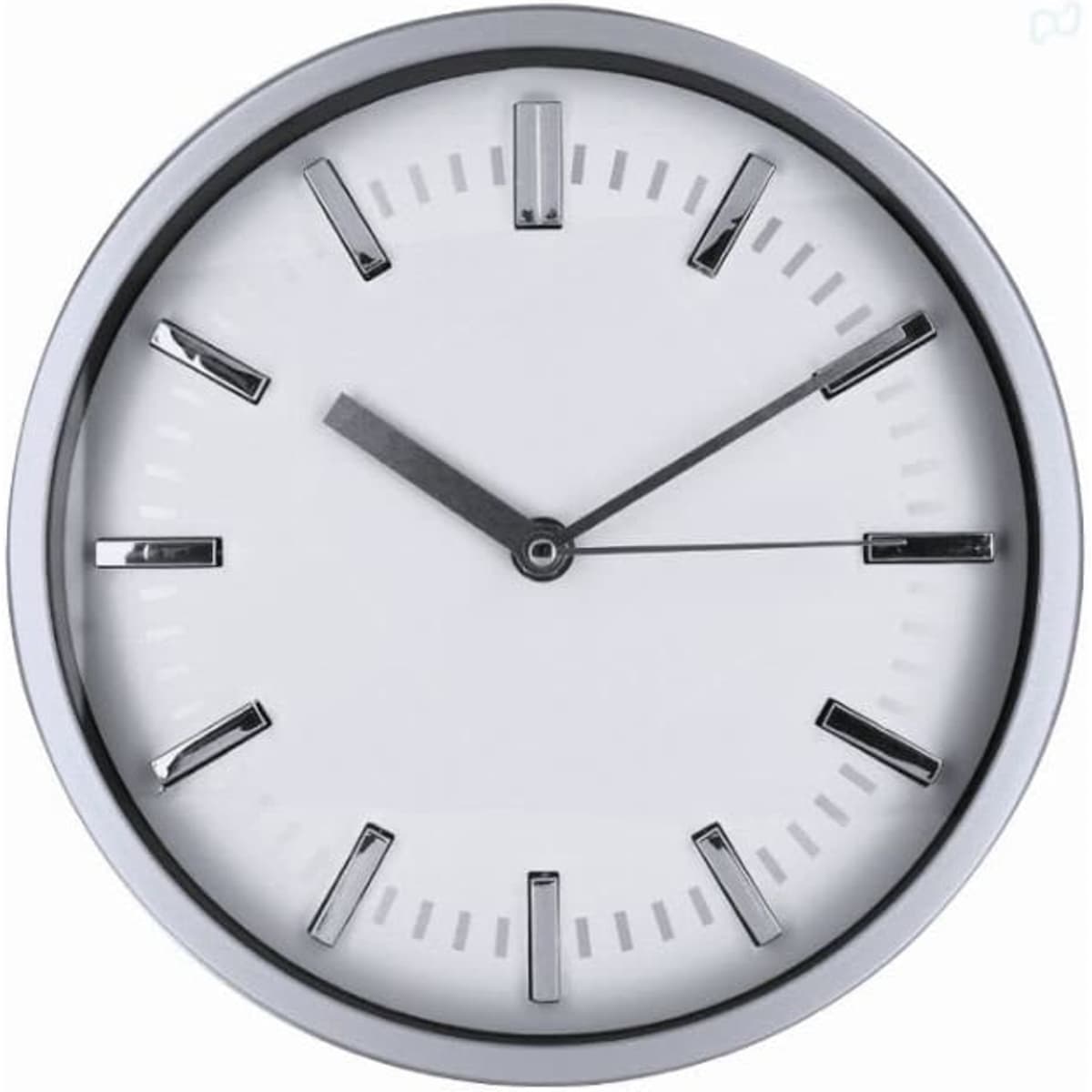 A wall clock with a silver frame, white face, and sleek black hands displaying the time.
