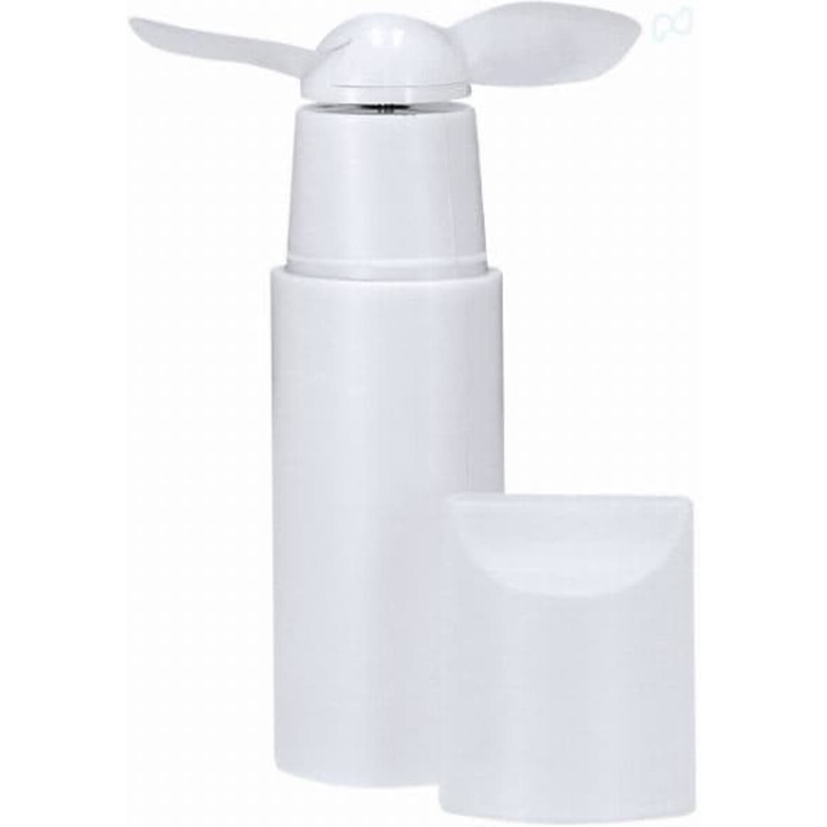 A drink bottle in white with a fan-like cap and a removable cover, featuring a simple design.