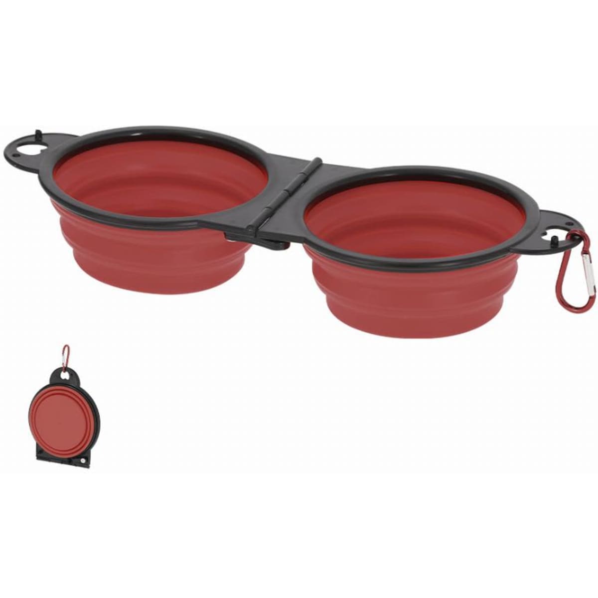 A portable double collapsible bowl set in red with a black rim and a carabiner for easy attachment.