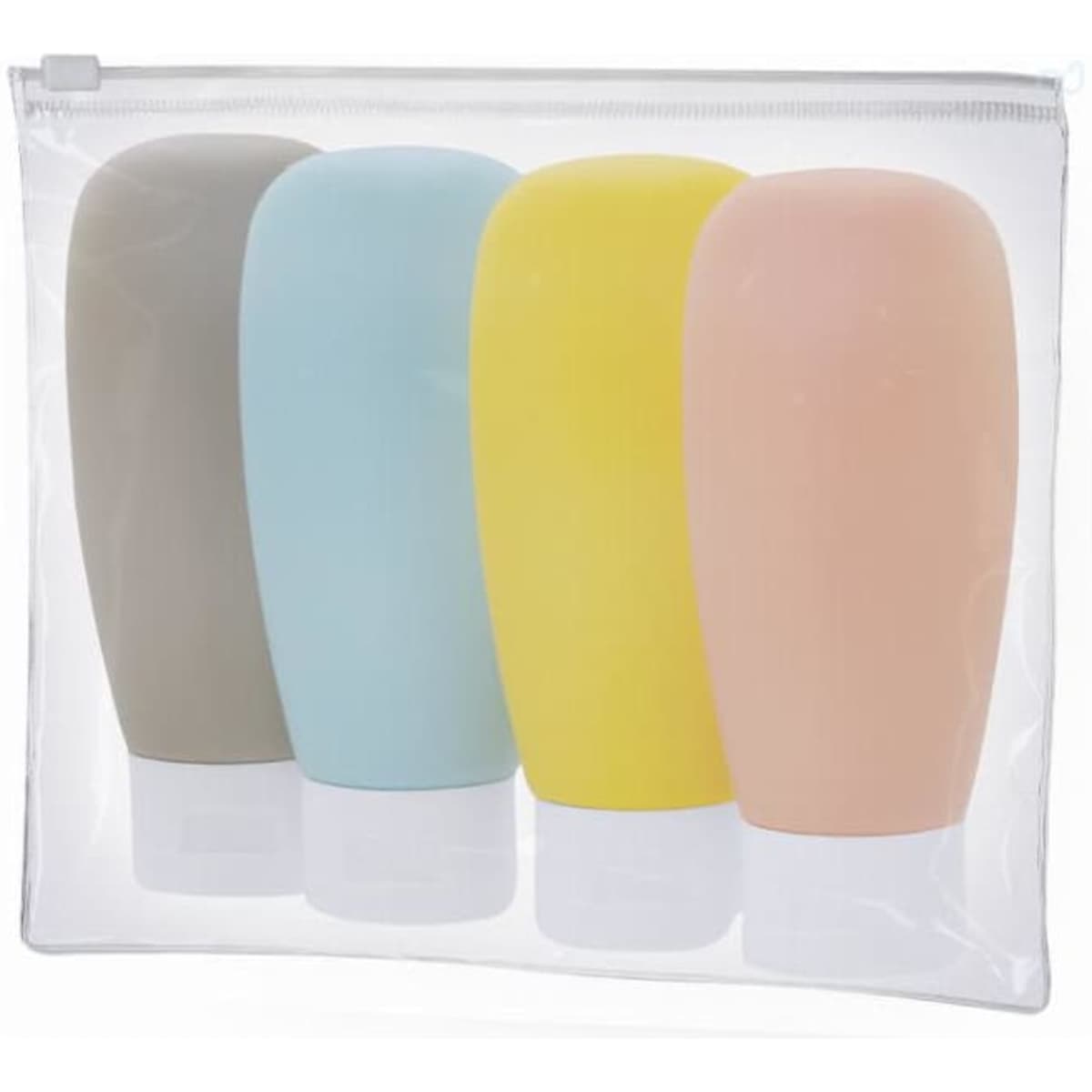 A set of four squeeze bottles in grey, blue, yellow, and pink, packaged in a clear zip pouch. Each bottle has a white lid.