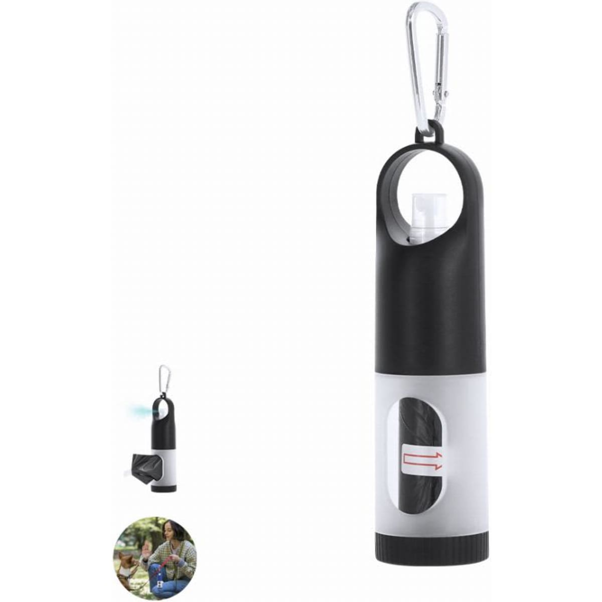 A drink bottle in black and white, featuring a carabiner and a transparent window. It has a logo on the side.