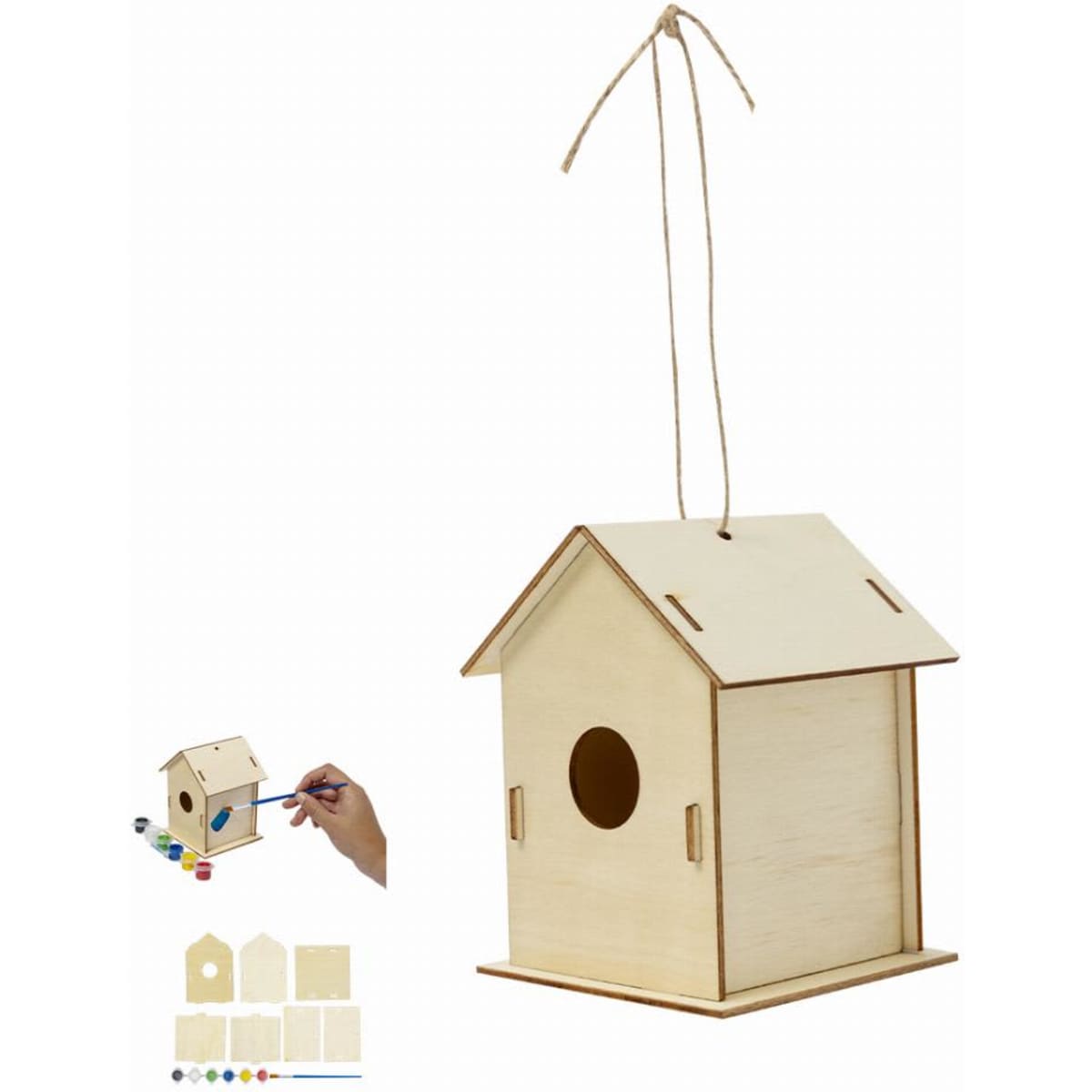 A wooden birdhouse kit featuring a hanging design, with a plain finish for painting and personalisation.