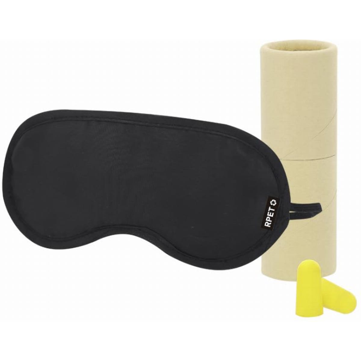A sleep mask in black with a cylindrical tube and yellow earplugs nearby. The product has a logo on it.