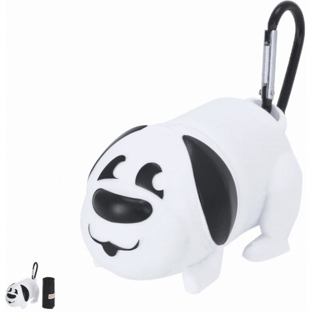 A dog-shaped waste bag holder in white and black with a smiling face and a clip for attachment.