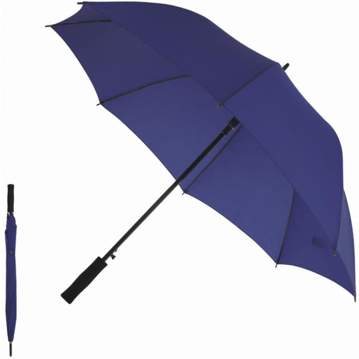A purple umbrella with a black handle, featuring a sleek design and an accompanying folded version.