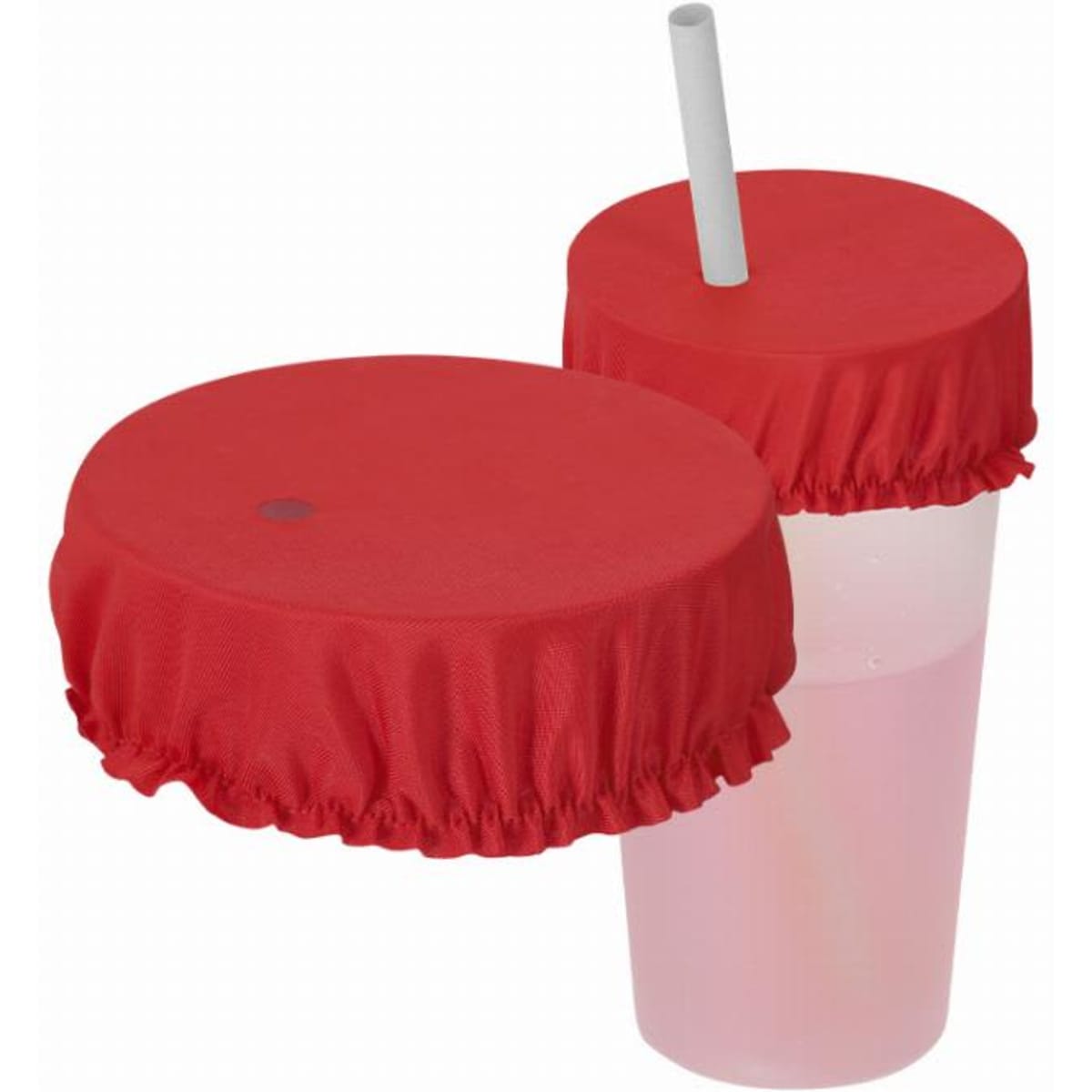 A drink bottle with a transparent body, featuring a red elastic cover and a white straw.