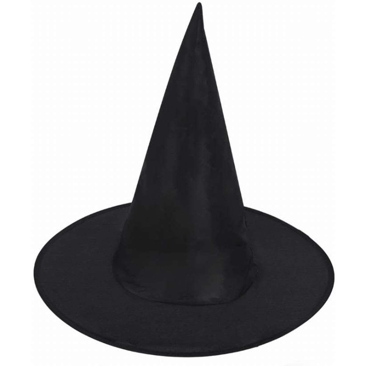 A black witch's hat with a tall pointed crown and a wide brim. The fabric appears smooth and glossy.