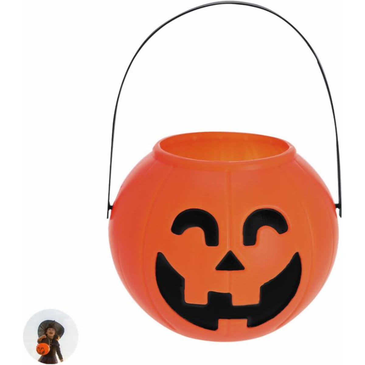 An orange Halloween bucket shaped like a pumpkin with a smiling face and a black handle.