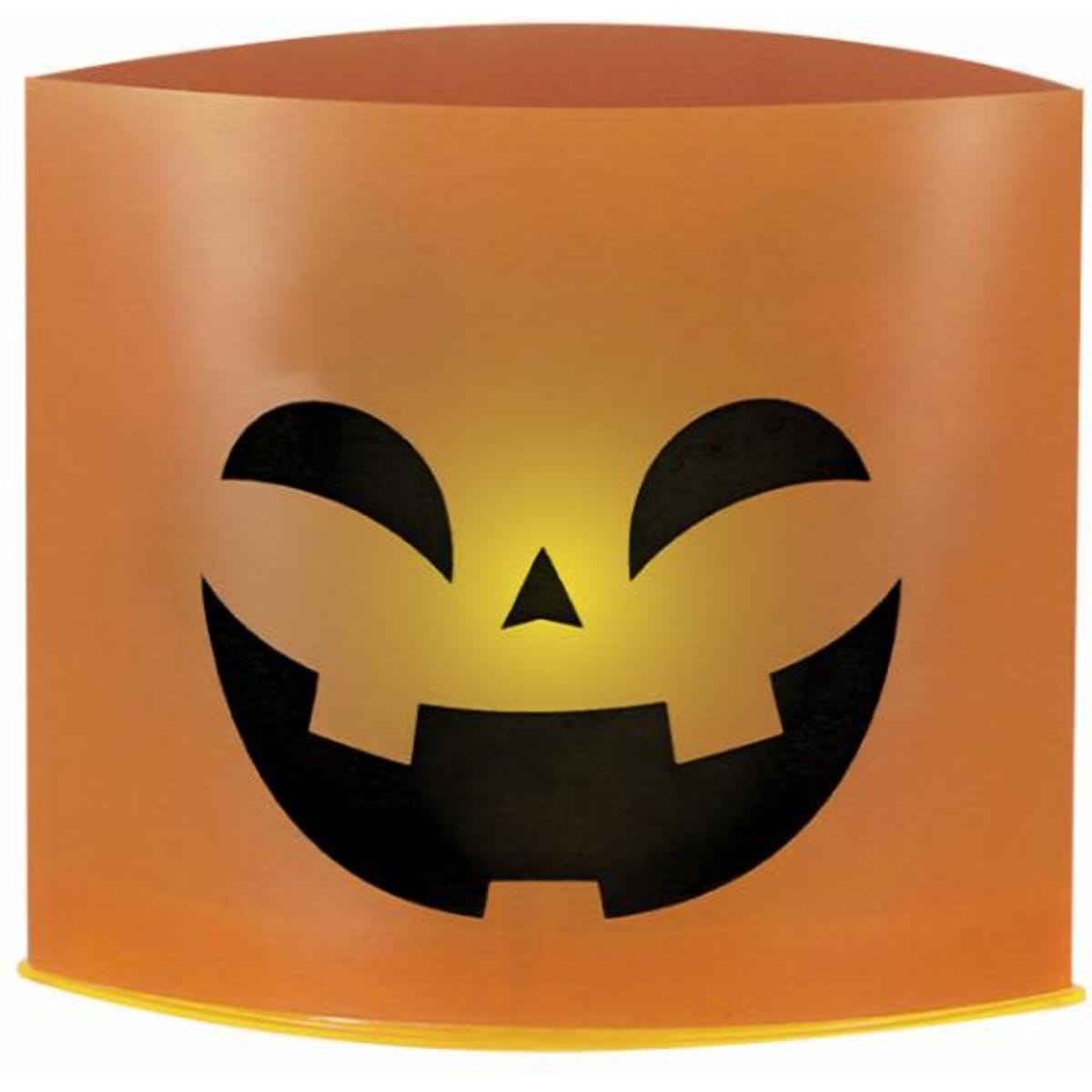 An orange Halloween container featuring a smiling jack-o'-lantern face with a carved expression.