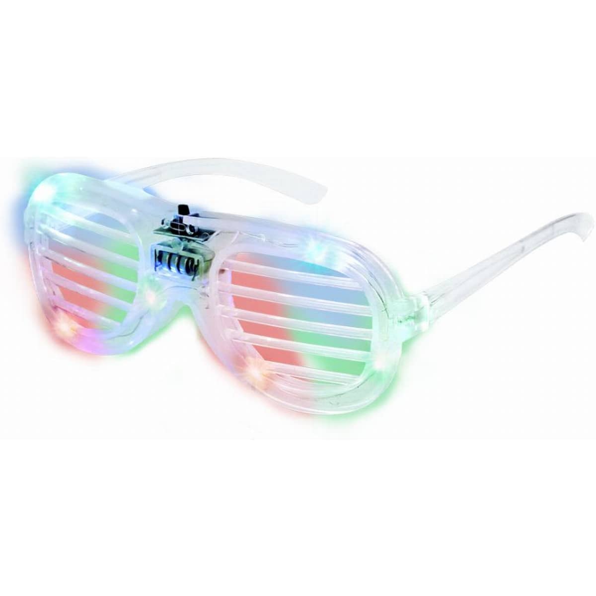 A pair of translucent, light-up sunglasses featuring striped lenses with colourful LED lights.
