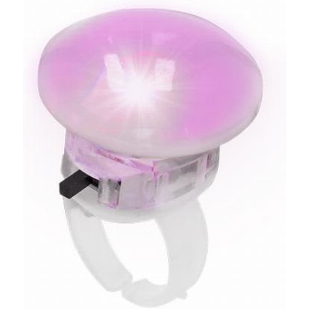 A pink light-up ring featuring a large dome shaped top and a clear band. The ring has a built-in switch mechanism.