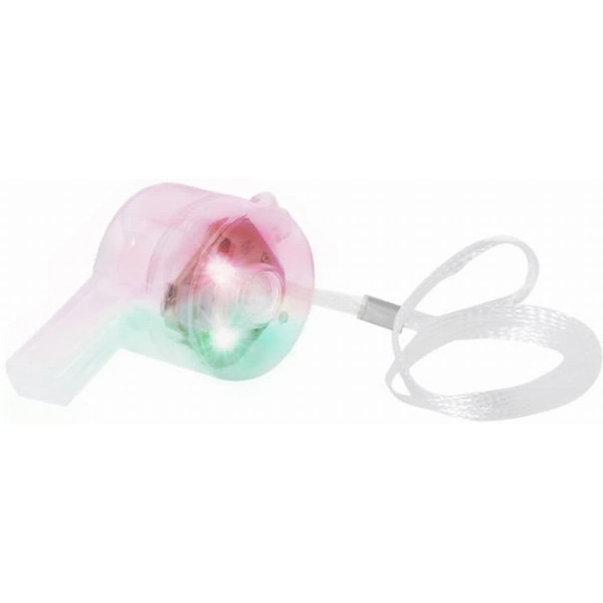 A drink bottle with a transparent body and a pink and green light feature, including a strap for carrying.