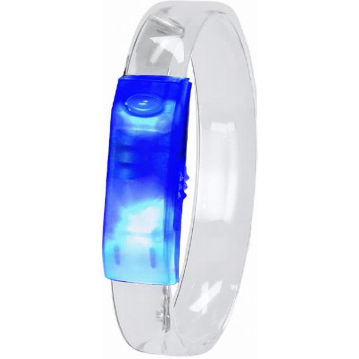 A clear wristband with a blue central section and a button, featuring a logo.