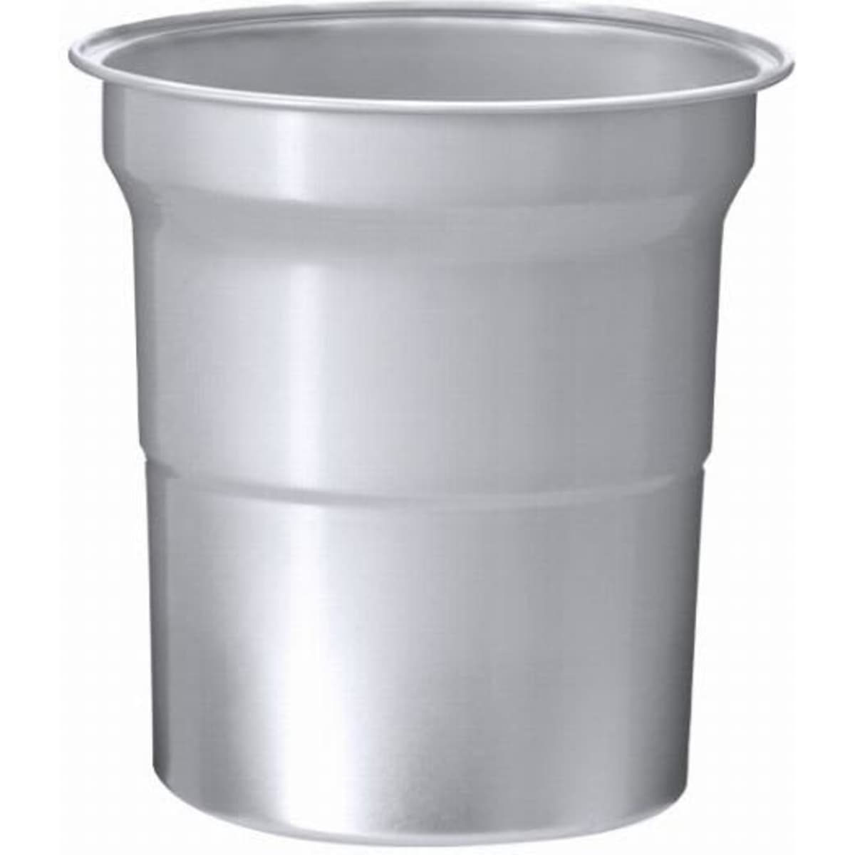 A silver drink bottle with a simple design and a rounded top, featuring a smooth metallic finish.