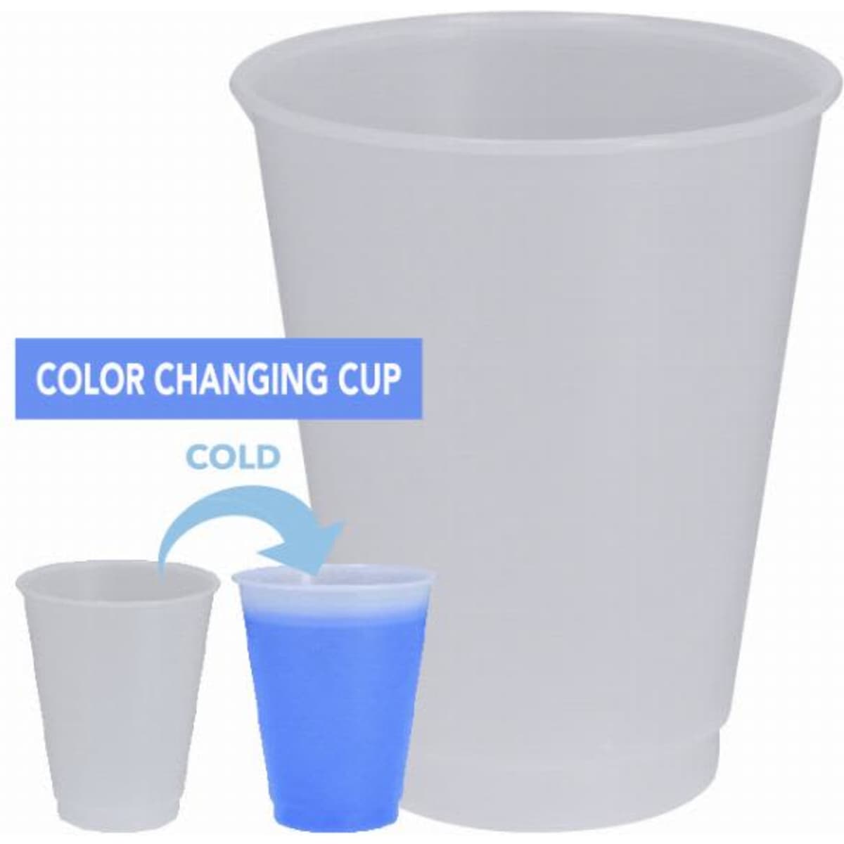 A colour-changing cup in a translucent white hue, with a blue shade indicating cold temperature. It features a branding logo.
