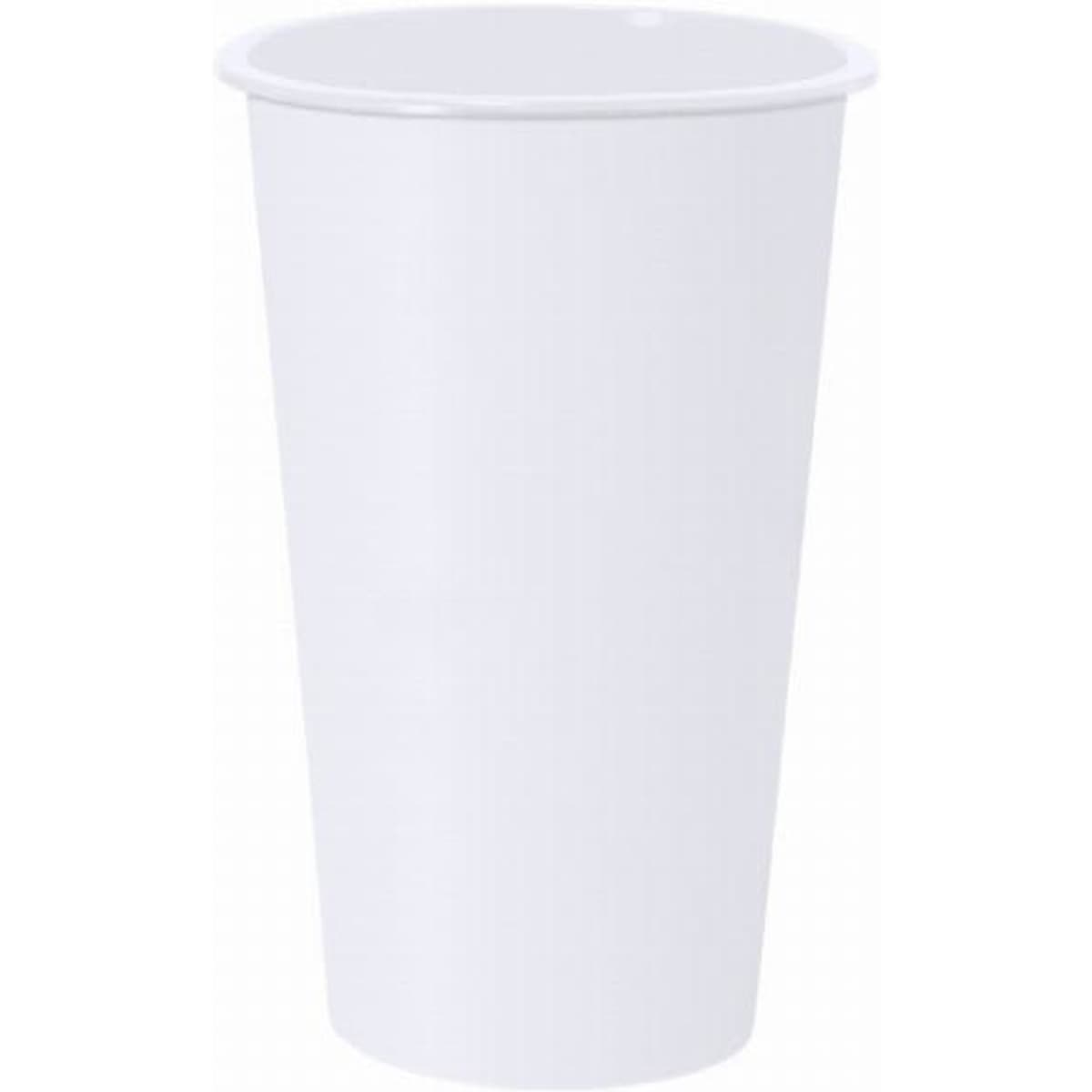 A drink bottle in a simple, solid white design, featuring a tall, cylindrical shape and a rim at the top.
