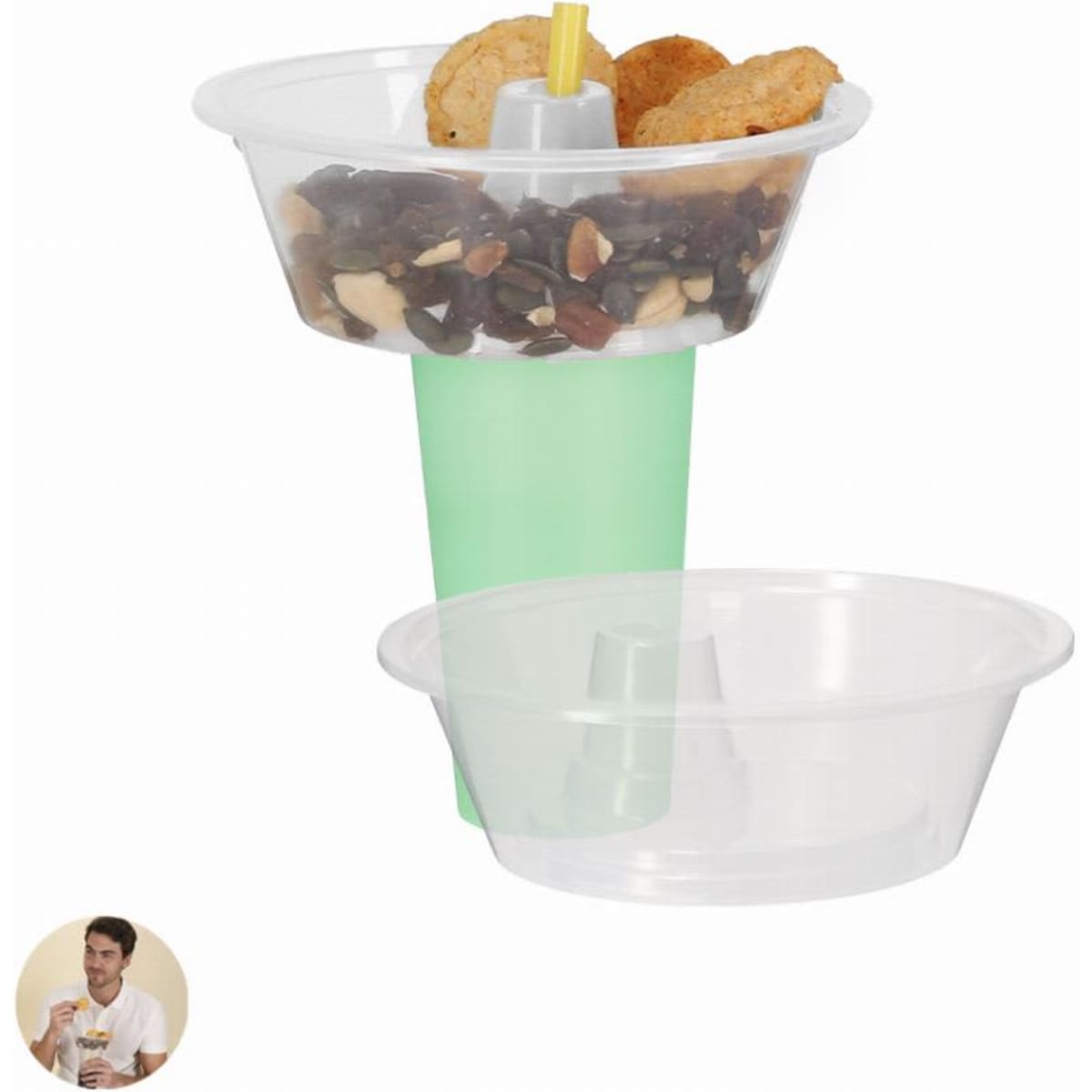 A snack container with a light green base, featuring two transparent bowls for storing snacks.