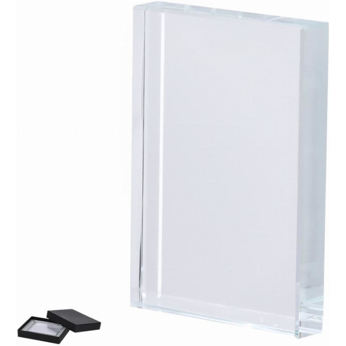 A clear acrylic trophy or award with a sleek rectangular design, accompanied by a black presentation box.