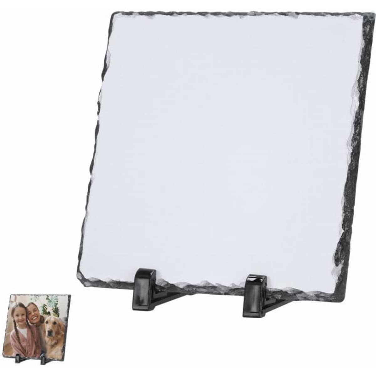 A square slate photo frame with a textured edge, featuring a black stand for display.
