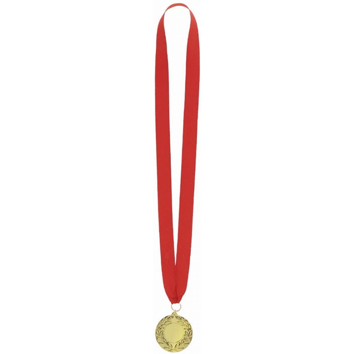 A gold medal hanging from a red ribbon, featuring a decorative design on the medal's surface.