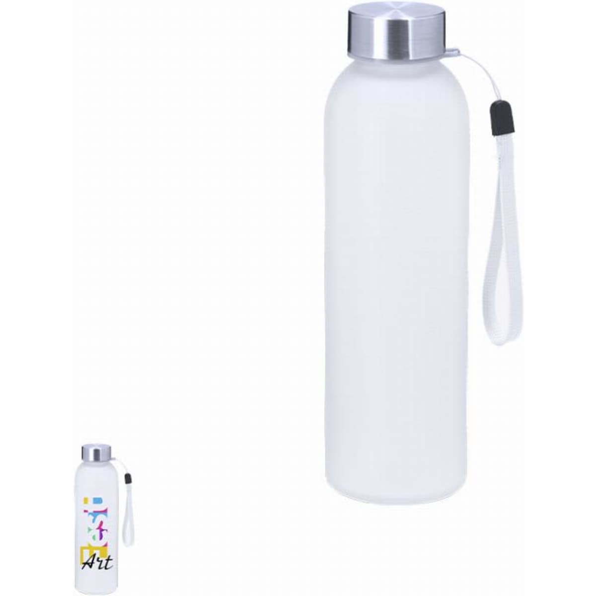 A drink bottle in white with a silver lid and a wrist strap, featuring a logo on the side.