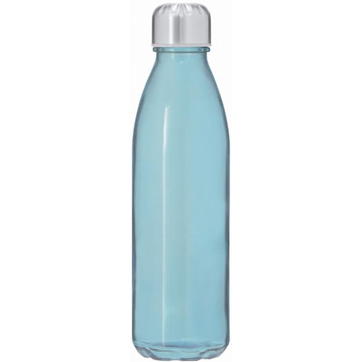 A drink bottle in translucent blue with a silver cap, featuring a simple design and a branding logo.