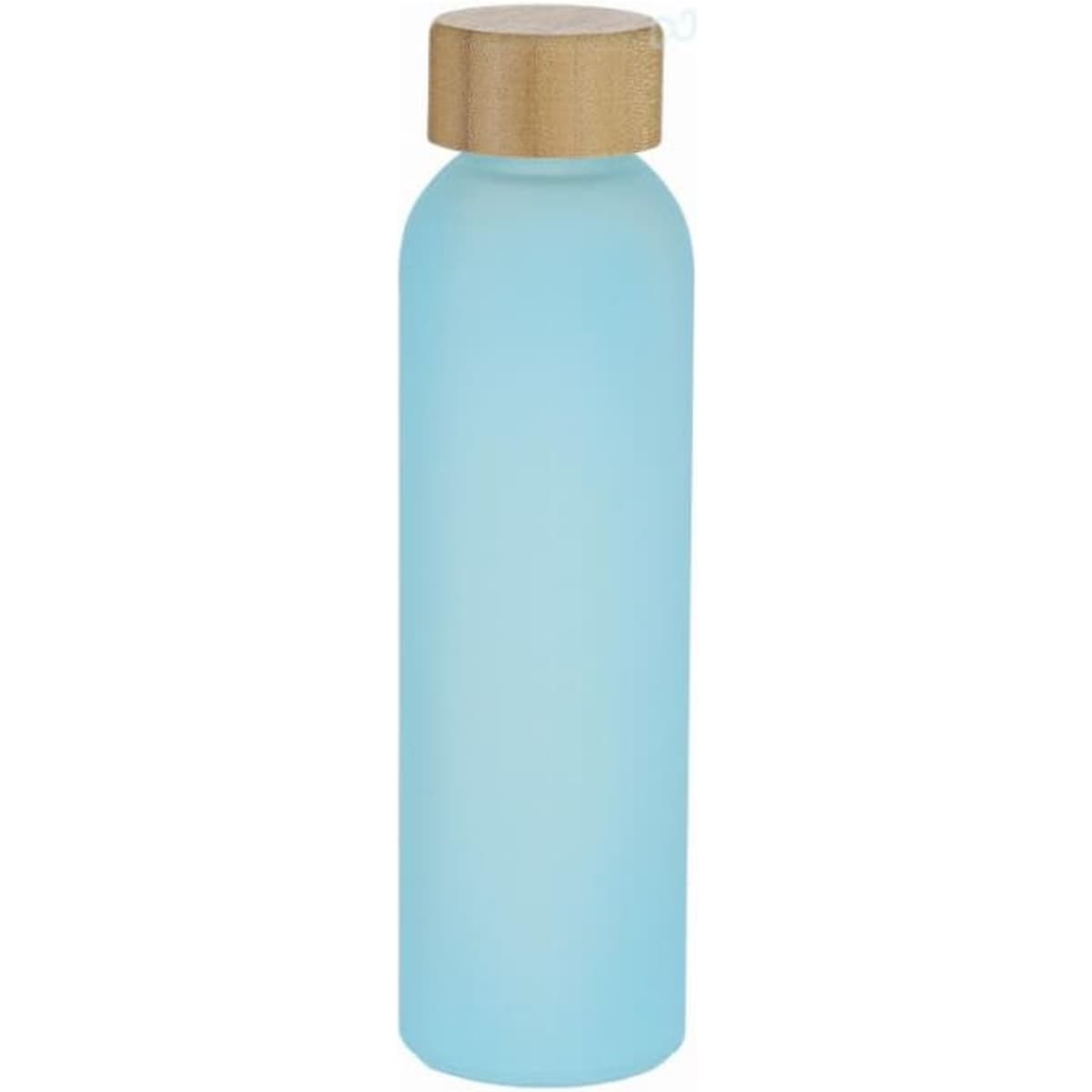A drink bottle in a frosted light blue colour with a wooden lid, featuring a logo on the body.