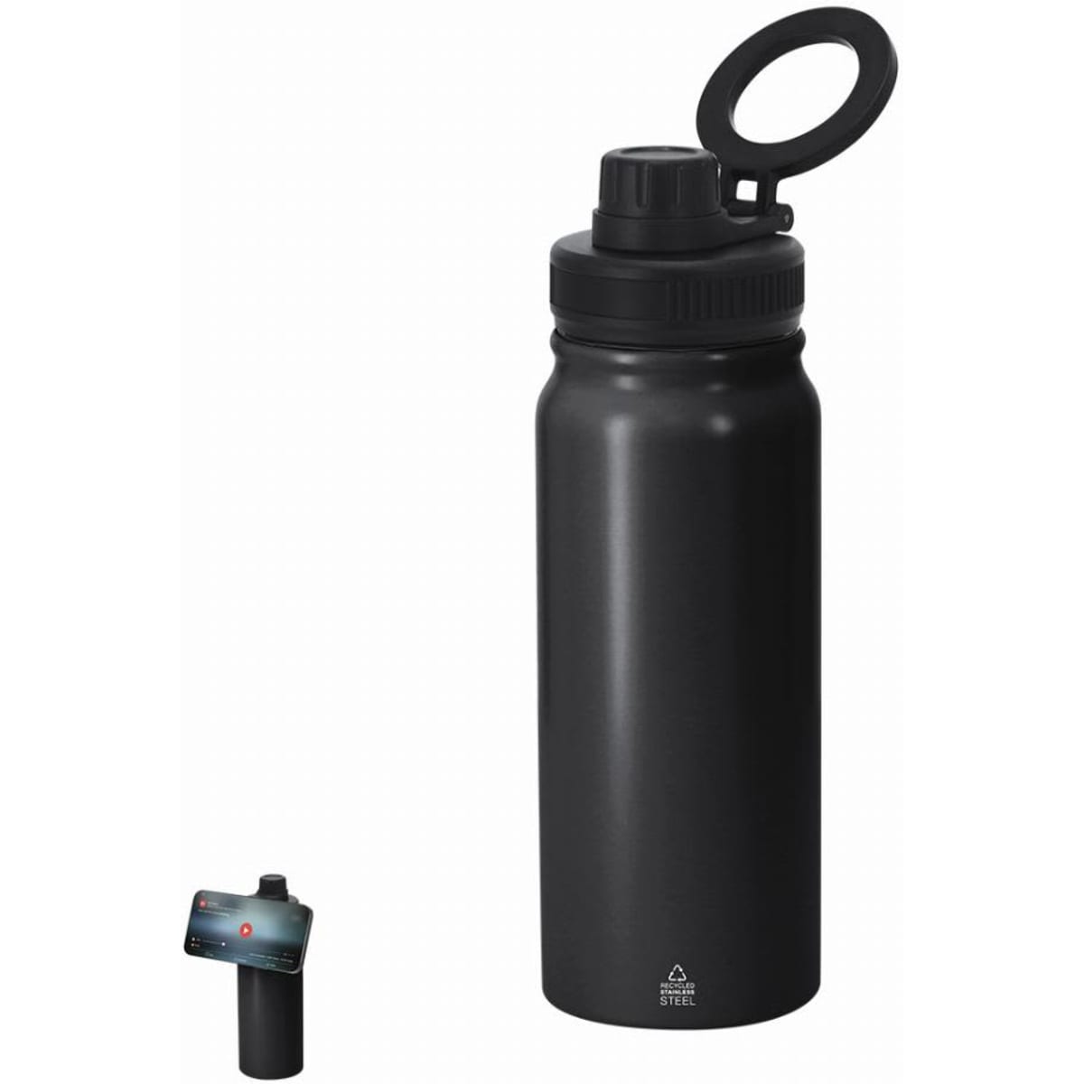A drink bottle in matte black with a screw top and a carrying loop, featuring a logo.