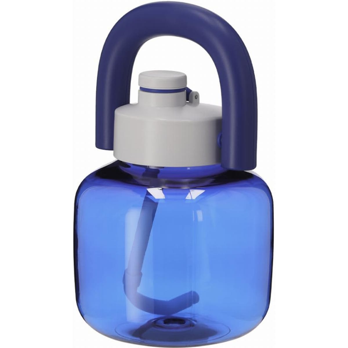 A drink bottle in a vibrant blue colour with a white lid and a blue handle. It features a built-in straw and a logo.