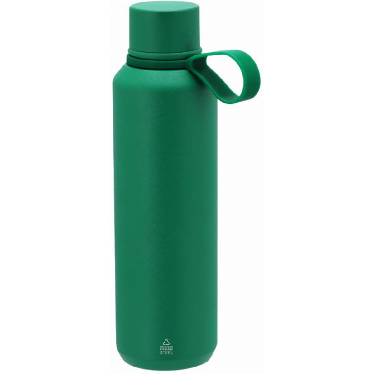 A drink bottle in a vibrant green colour with a screw-on lid and a looped handle. It features a simple branding logo.