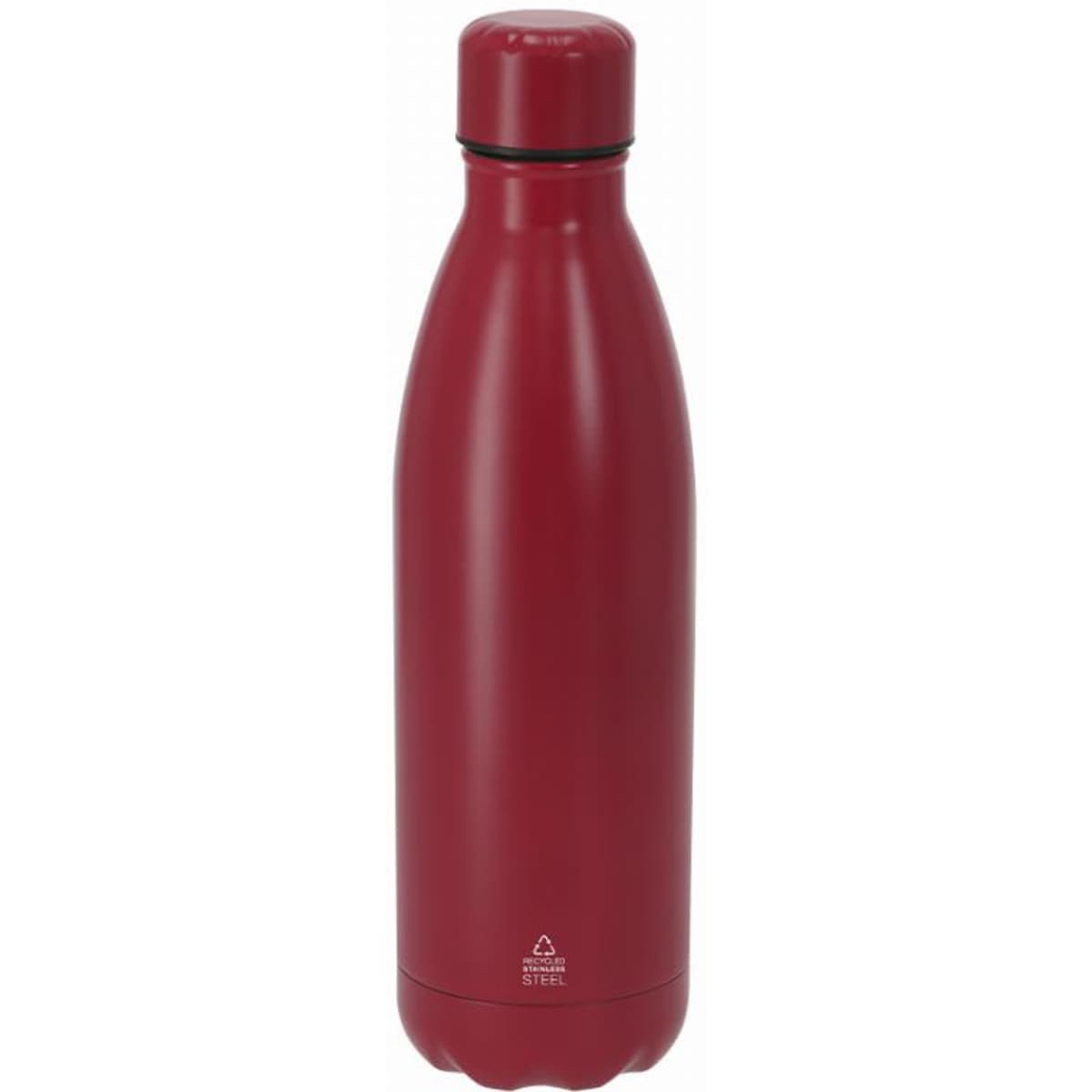 A drink bottle in a matte red finish, featuring a sleek, contoured shape and a secured lid. It has a logo on the surface.