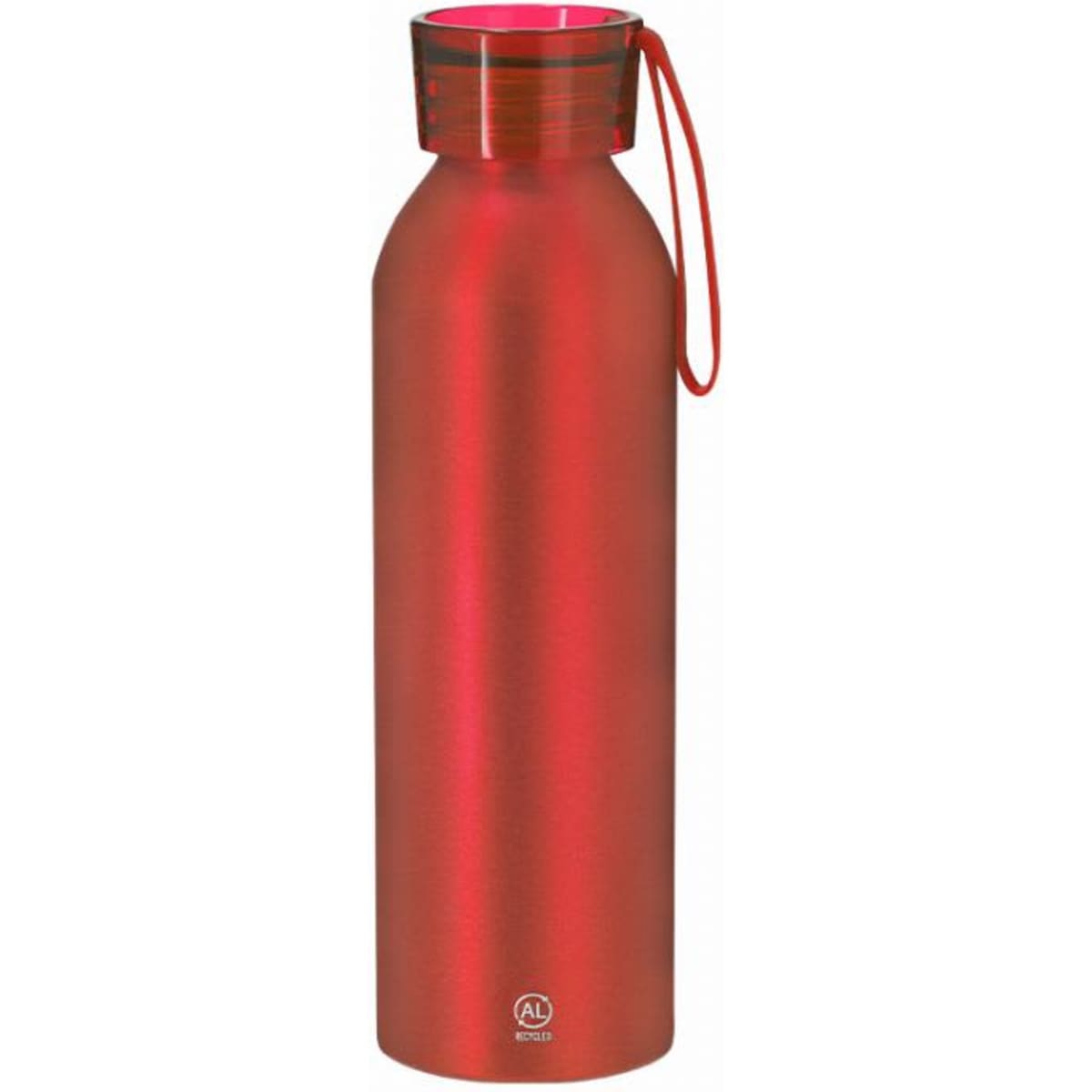 A drink bottle in a bright red with a sleek design and a black carrying strap. It features a logo on the side.