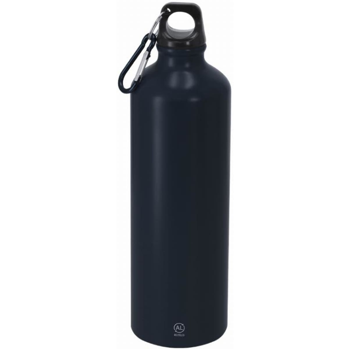 A drink bottle in matte navy blue with a handle and a carabiner for easy carrying. It has a simple logo on the base.