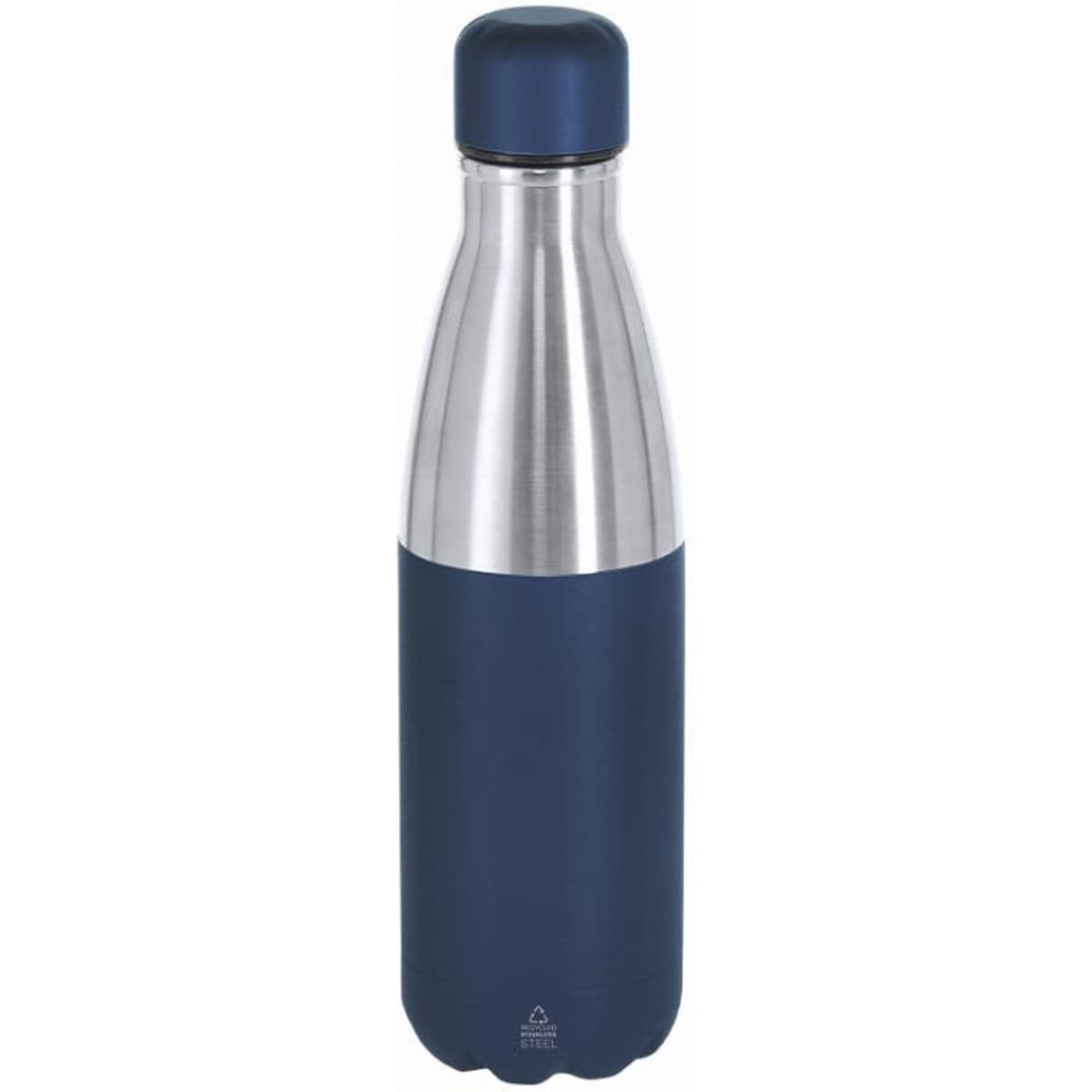 A drink bottle featuring a stainless steel body with a navy blue matte finish and a matching screw top.